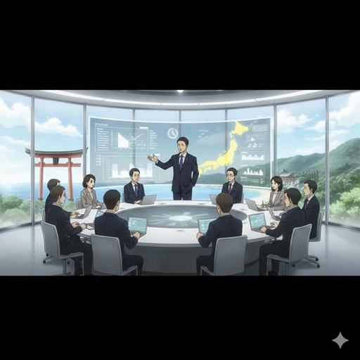 三重県の発展について会議で説明する鈴木英敬氏のイメージイラスト