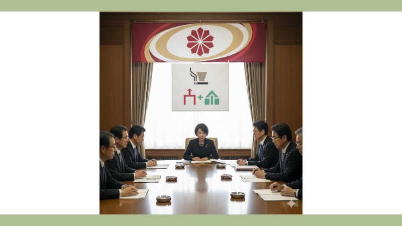 会議室で円卓を囲む複数の政治家。分煙やタバコ産業振興に関する議員連盟の議論をイメージさせる。