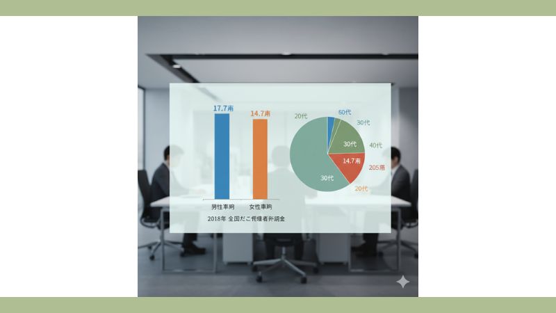 会議室を背景に、男女別や年代別の喫煙率と平均本数を示した統計グラフのビジュアル。