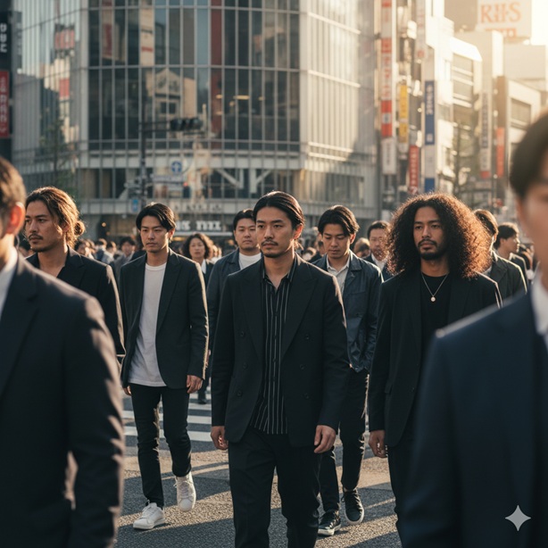 複数の男性が混雑した都市の交差点を歩いており、様々な髪型の人が見られる。
