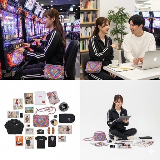 「藤田ニコル パチンコ バッグ」のイメージ。パチンコホールの女性、ラウンジで男性と話す女性、Casseliniのハートビーズバッグと雑誌などのフラットレイ、タブレットを見る女性のコラージュ。