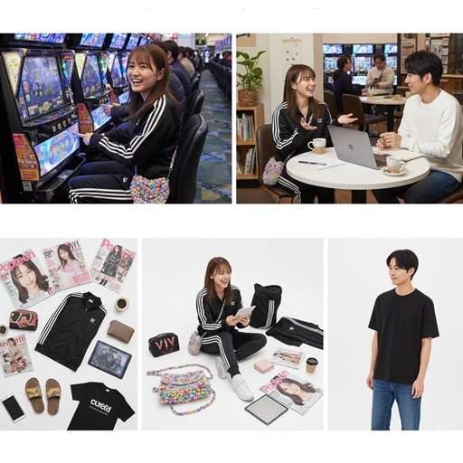 「藤田ニコル パチンコ バッグ」のイメージ。パチンコを楽しむ女性、ラウンジで男性と話す女性、Casseliniのハートビーズバッグと雑誌のフラットレイ、男性のイメージコラージュ。