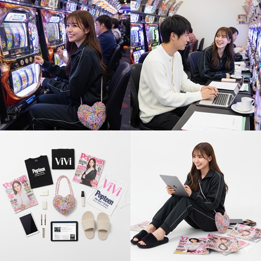 「藤田ニコル パチンコ バッグ」のイメージ。パチンコホールの女性、男性とデスクで話す女性、Casseliniのハートビーズバッグと雑誌や小物のフラットレイ、タブレットを見る女性のコラージュ。