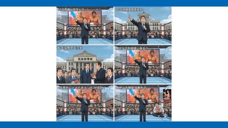 野田佳彦氏の経歴やエピソードを漫画形式で紹介する6枚のイラスト。松下政経塾時代やプロレスのリング上でスピーチする場面などが描かれている。