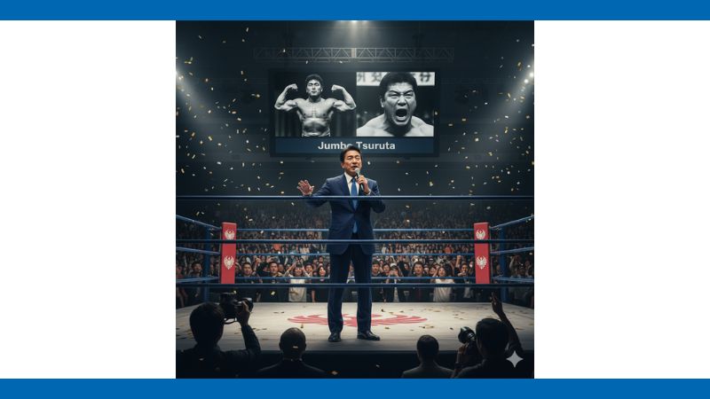 プロレスのリング上でスピーチをする野田佳彦氏。背後のスクリーンには「Jumbo Tsuruta」の名前と写真が映し出されている。