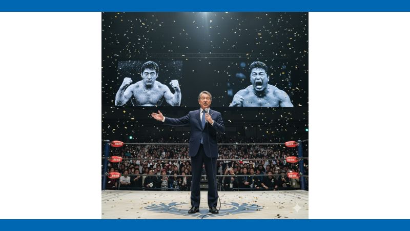 満員の観客が見守るプロレスのリングの中央で、スポットライトを浴びながらスピーチを行う野田佳彦氏。
