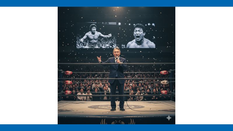  プロレスのリング上でマイクを手にスピーチをする野田佳彦氏。背後のスクリーンにはレスラーの写真が映し出され、紙吹雪が舞っている。