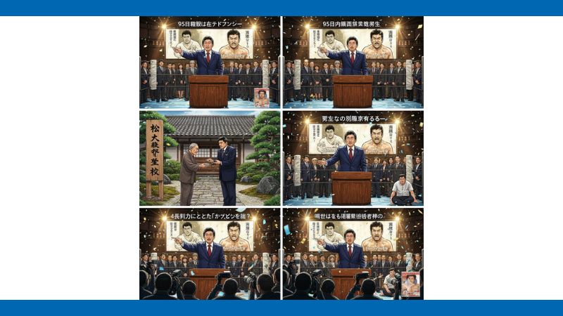 野田佳彦氏の人生における様々な場面を解説する6枚のイラスト。松下政経塾での一場面や、聴衆の前で演説する様子などが描かれている。