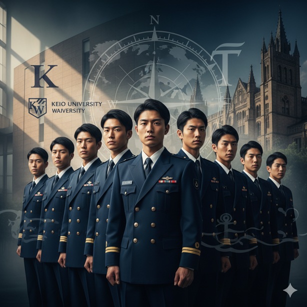 海上自衛隊の制服を着た若者たちが大学を背景に並ぶイメージ画像