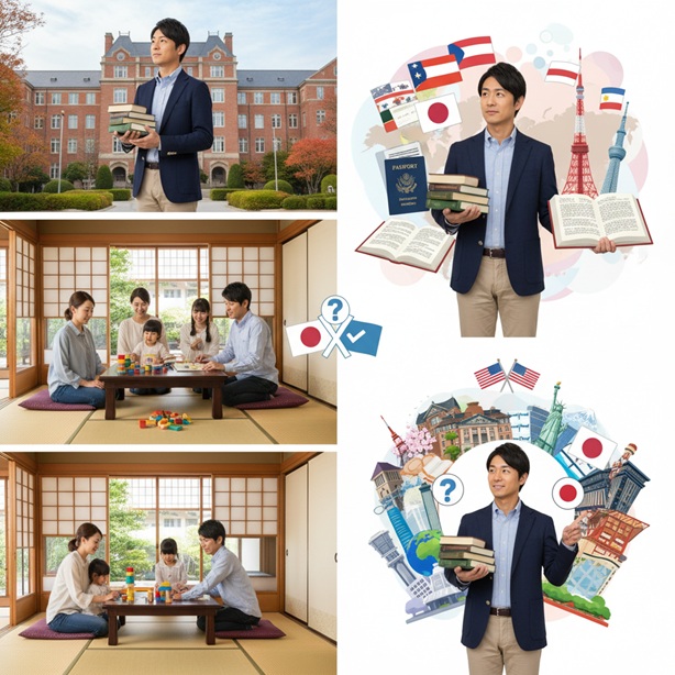 パックンが本を持ち、背景に学問、家族、国際的な要素が複合されたコラージュ画像