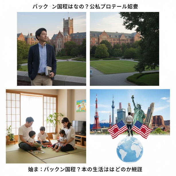 パックンの学歴、日本での家族生活、国際的な活動をコラージュで表現した画像