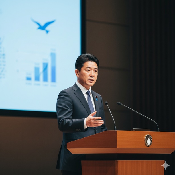 演台でスピーチをするスーツ姿の男性政治家。背景にはグラフが表示されている。