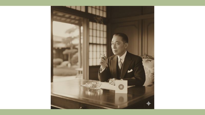 古い写真のようなモノクロームで、執務室でタバコを持つ昭和天皇。机上には菊の御紋の入った箱。