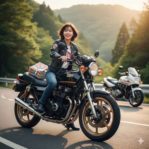 若い頃の高市早苗さんがバイクに乗って笑顔でポーズをとっている様子。背景には緑豊かな山道が広がる。