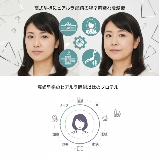 高市早苗氏の過去と現在の顔を比較し、美容整形やヒアルロン酸注入の疑惑、経歴、政策などをアイコンで示すイラスト。