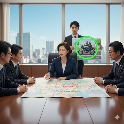 高市早苗さんが会議室で政策について説明しており、後方の男性がバイクの二人乗りに関するボードを持っている。