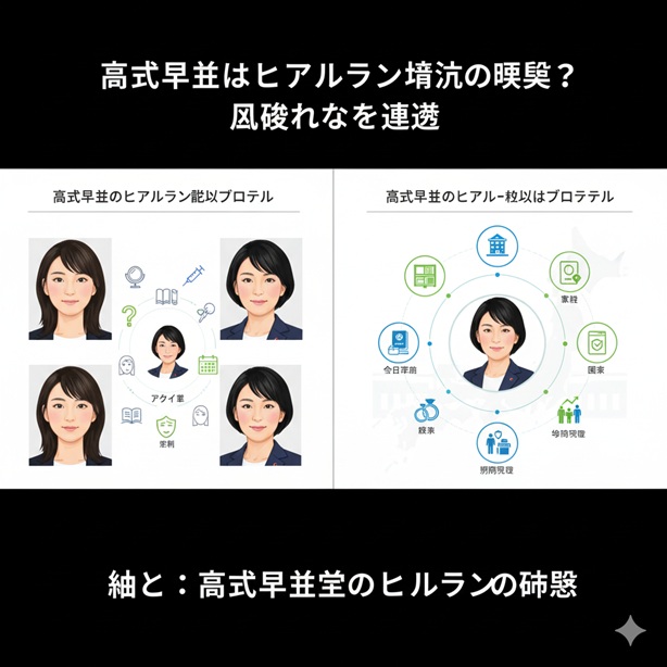 高市早苗氏のプロフィール要素(メイク、加齢、経歴、家系図、国籍、離婚)を円形グラフで整理したインフォグラフィック。