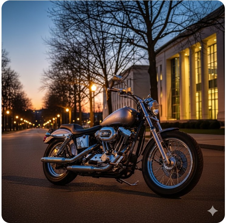 夕暮れの国会議事堂周辺に停められた大型バイク。高市早苗氏の多趣味で意志の強い一面を象徴するイメージ。