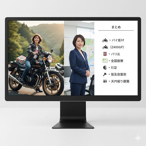 モニター画面に若い頃のバイクに乗る高市早苗さんと現在の高市早苗さんが並んで表示され、記事のまとめが箇条書きで示されている。