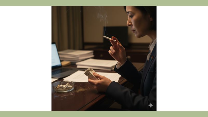 薄暗いデスクで、タバコの箱を持ちながら一服する女性政治家。ヘビースモーカーのイメージと多忙な執務風景。