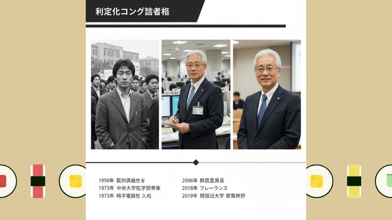 田崎史郎氏の経歴を示す年表。若かりし頃、時事通信社時代、現在の写真が並んでいる。