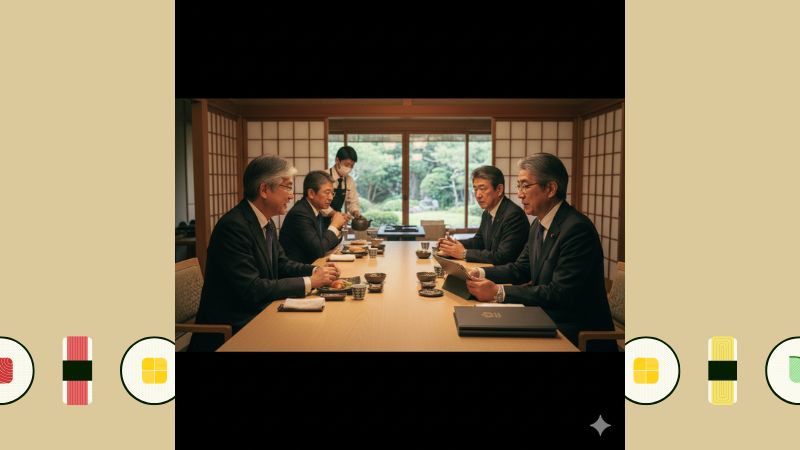和室の会食の席で、安倍元首相とみられる政治家と向かい合って座る田崎史郎氏。
