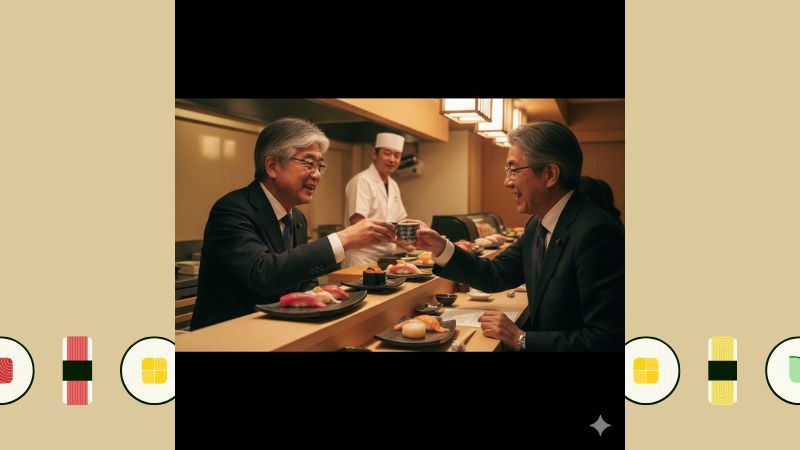 寿司屋のカウンターで、安倍元首相とみられる人物と日本酒で乾杯する田崎史郎氏。