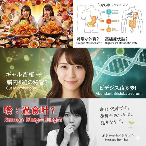 はらぺこツインズが太らない理由のまとめ画像。特異な体質、ギャル曽根さんの腸内細菌、過食嘔吐の噂などが示されている。