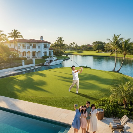 オーストラリアの別荘でゴルフとセルフィーを楽しむ人々のイメージ画像