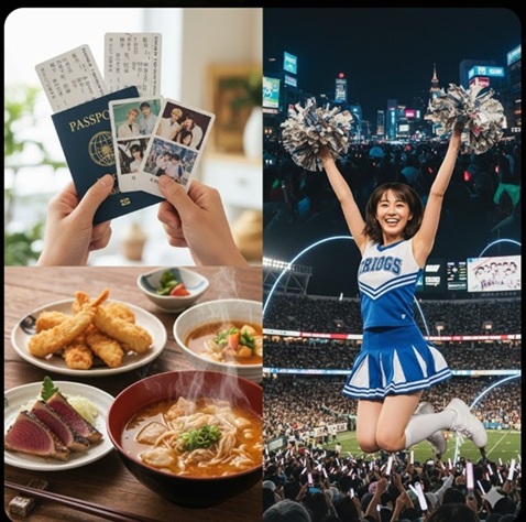 韓国旅行での推し活（K-POP）と地元グルメを楽しむ、永見アナの充実したプライベートを表現したコラージュ