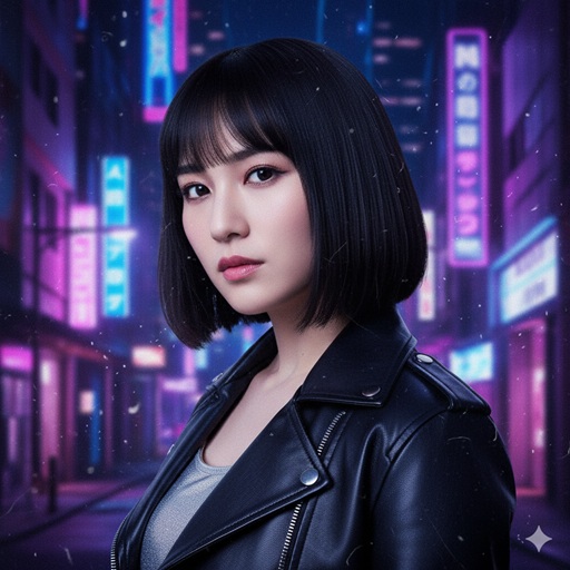 夜のネオン街を背景に、クールな表情でこちらを見つめるショートヘアの日本人女性