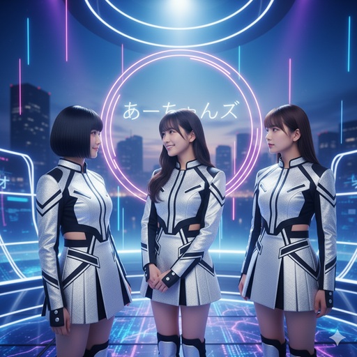 「あーちゃんズ」と書かれたネオンサインの下で談笑する3人の日本人女性アイドル