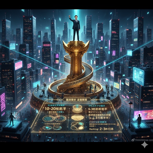 キングダム作者の年収が日本のトップクリエイターランキングで上位に位置することを示す、黄金のトロフィーがそびえる都市のイラスト。様々な収益源がチャートで示されている。