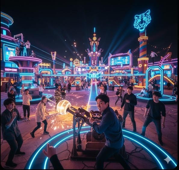 ビースト・アリーナでカタパルトを操作し、競技に熱中する日本人参加者たち