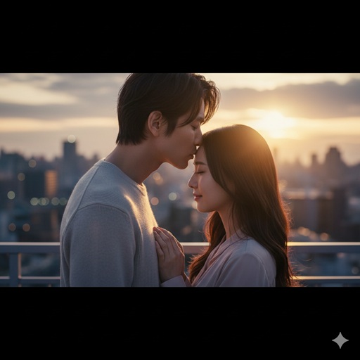 ドラマの恋愛シーンをイメージさせるロマンチックな雰囲気の日本人カップル