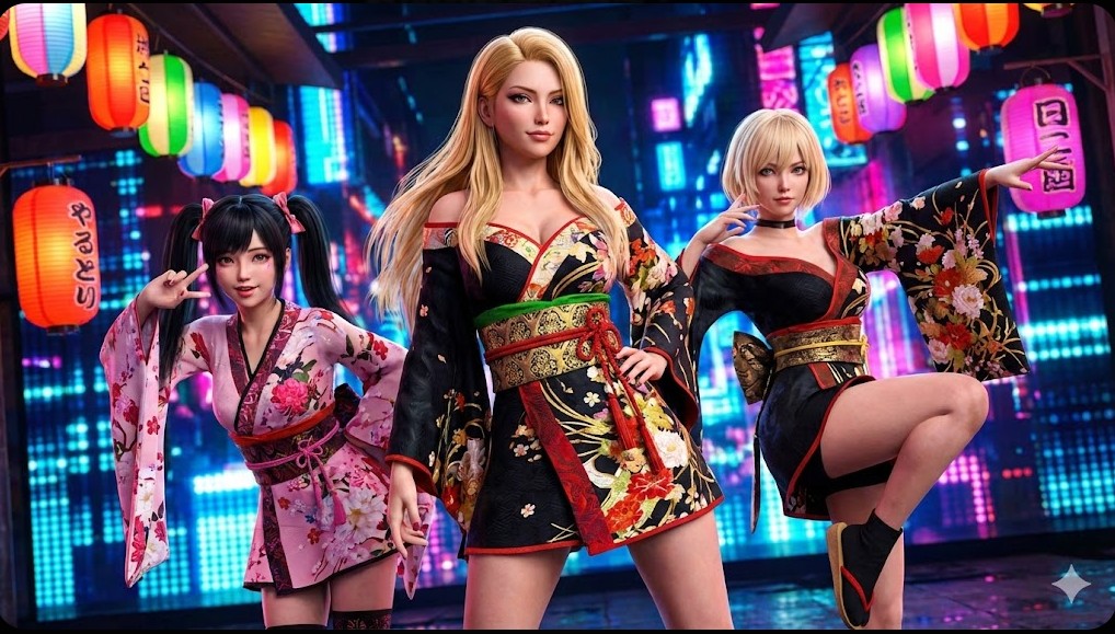 和装と現代風衣装を融合させたステージ衣装を着て、華麗なポーズを決めるみうめ・メイリア・217の3人。