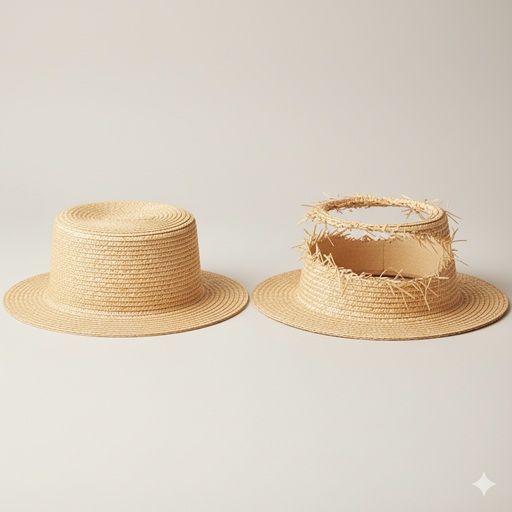 一般的なカンカン帽と頭頂部が切り抜かれたクラウンレスハットの比較画像