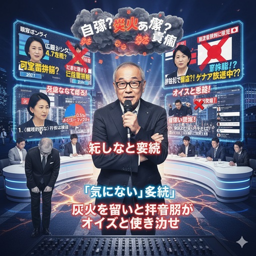 カンニング竹山さんがテレビ番組で小池都知事の広報動画に関する発言をし、その周りでは抗議文が飛び交い、議論が巻き起こっている様子。