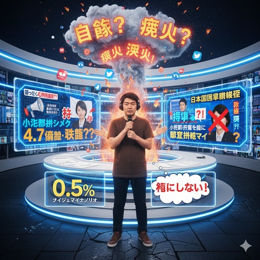 ンニング竹山さんが報道番組で国旗損壊罪について発言し、その発言がX（旧Twitter）上で炎上している様子が視覚的に表現されている。