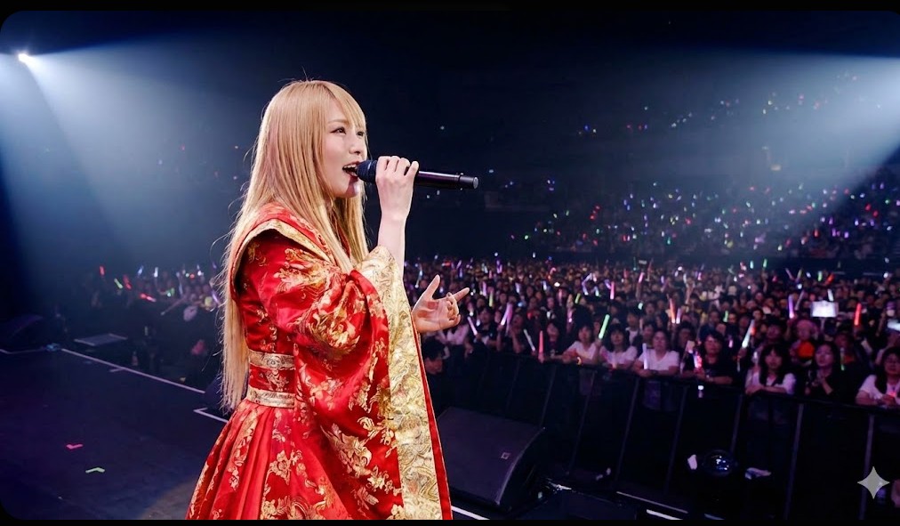 - 大規模なコンサート会場で、中華風の要素を取り入れたドレスを身にまとい、ソロで熱唱する金髪ロングヘアの女性シンガー（メイリア）。