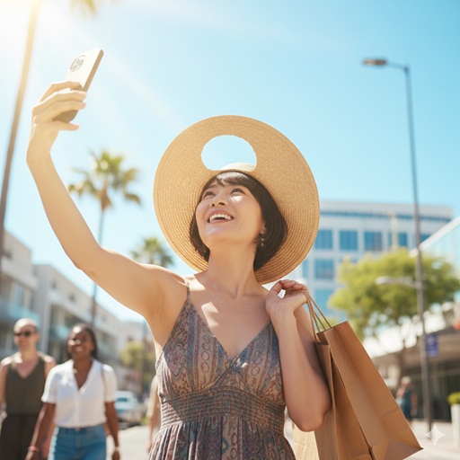 夏の青空の下、ショッピングを楽しみ自由を満喫する日本人女性のイメージ