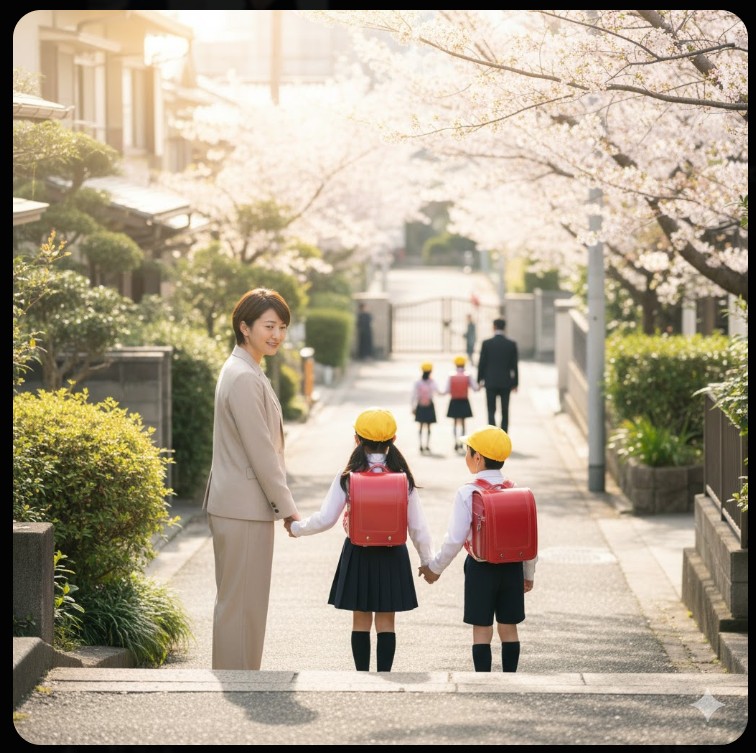 小学校に入学した子供の登校を笑顔で見送る母親の後ろ姿