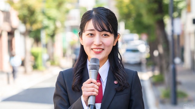 次期市長選挙に向けて街頭で演説を行い再出馬をアピールする女性候補者のイメージ