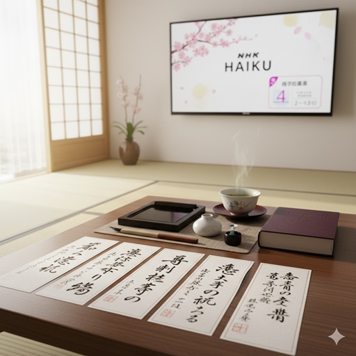 「NHK俳句」番組をイメージした和室、座卓に置かれた短冊と書道道具