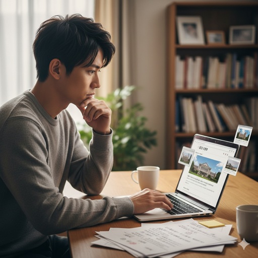 秘書検定や食育アドバイザーなどの資格取得に向け、デスクで熱心に勉強する勤勉な日本人男性