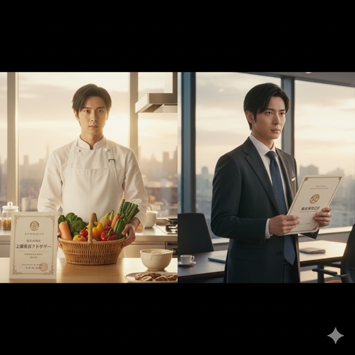 秘書検定（書類）と上級食育アドバイザー（健康的な野菜）のギャップを示す画像