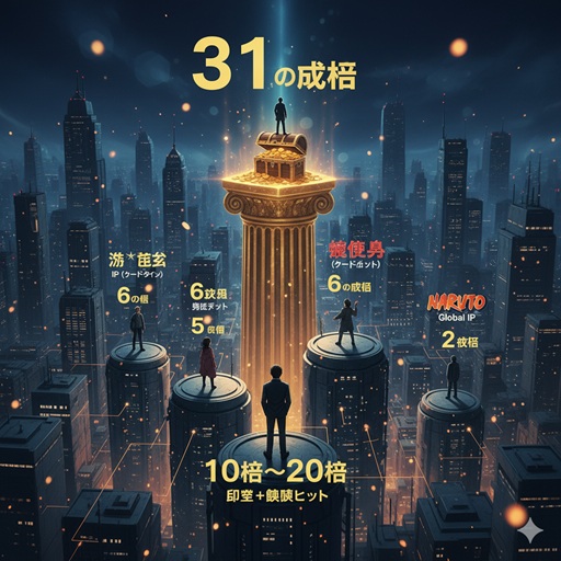 漫画家の年収ランキングを象徴する都市の夜景。様々な高層ビルの上に漫画家たちが立ち、それぞれの作品の推定年収が比較されている。