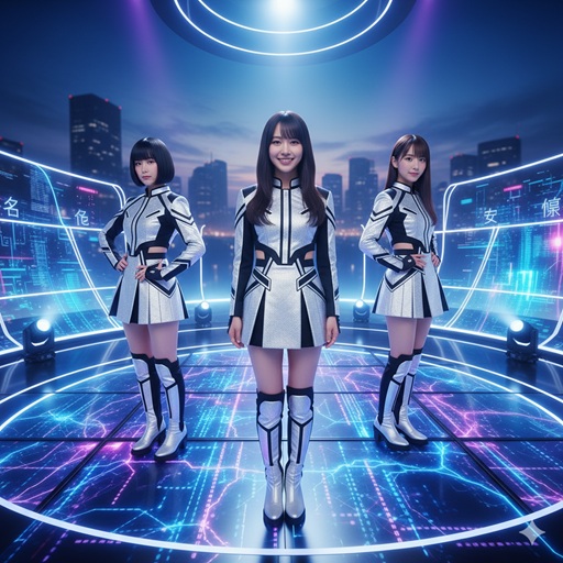 未来的なステージでポーズをとる3人の日本人女性グループ