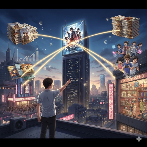 キングダムの実写映画ポスターが輝く都市の風景。映画のヒットが原作漫画の売上やIPライセンス収入に繋がる様子を表現したイラスト。