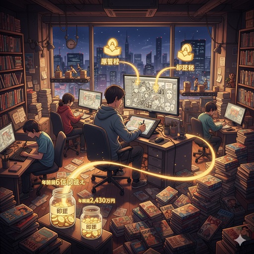 漫画家のアトリエでアシスタントたちが作業しており、印税と原稿料がどのように収益となるかを示すフローチャート。